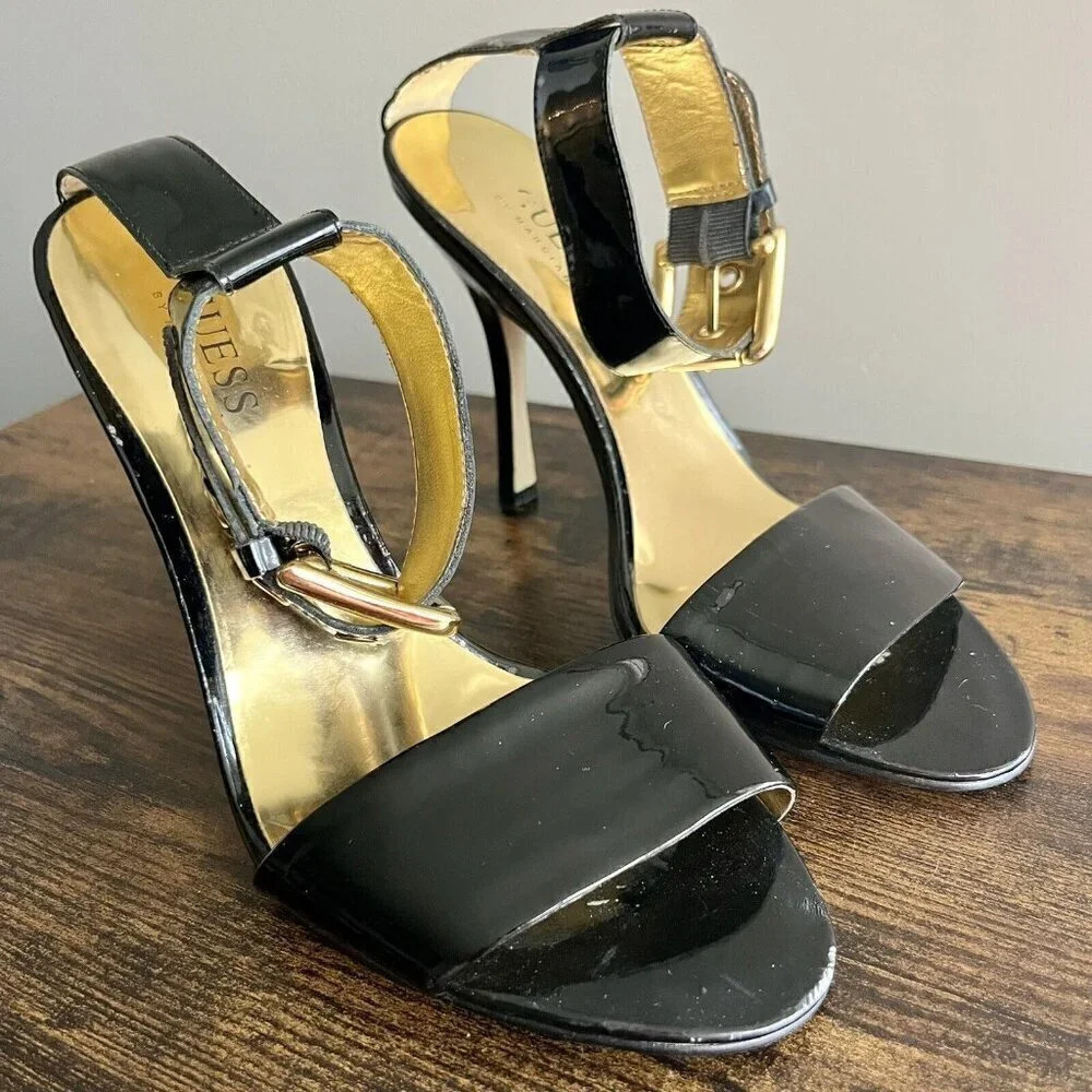 Guess|  By Marciano Women’s Ankle Strap Black Patent 3.75” Sandal Heels Size 7